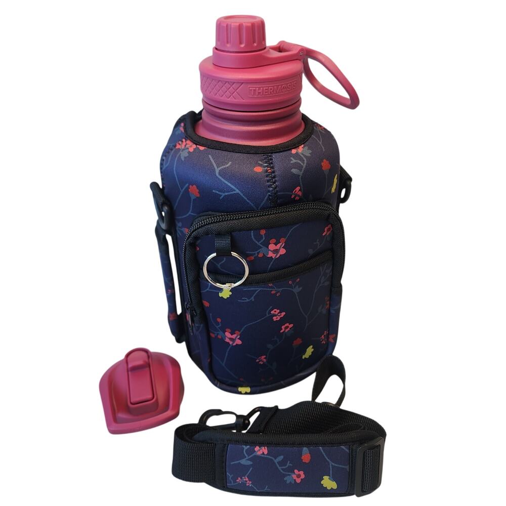 64 oz Thermo Water Bottle Straw Stainless steel Red Fusion w/sleeve & pocket Gym